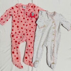6M Little Me Baby Girl Footed Pajamas Set 2pc Pink Fleece Elephant Gold Star